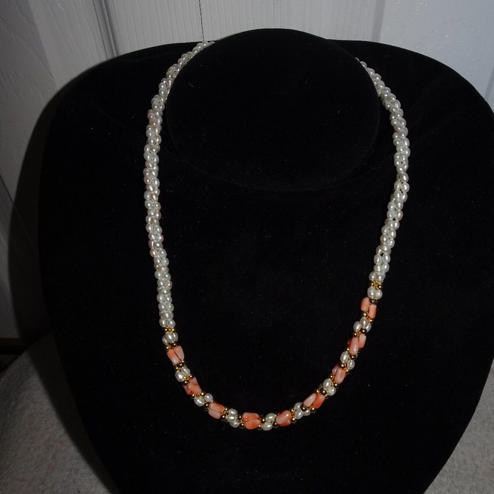 Vtg. Freshwater Pearl~Coral Braided Necklace